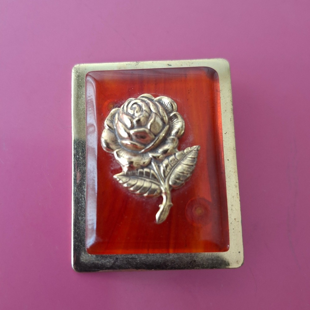 Vintage Red Orange Bakelite Brooch Gold Tone Rose Rectangular Pin Floral